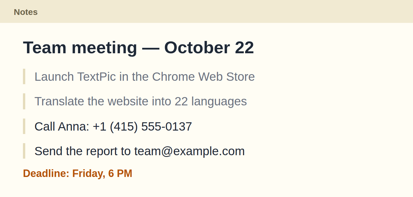 Screenshot of meeting notes with a phone number and an email address